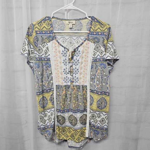 Yellow Gray Embroidered Blouse Patchwork Paisley Boho Festival Hippie 0X - Picture 7 of 11